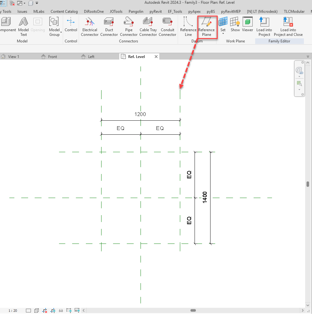 Bộ xương Reference Plane: lệnh Reference Plane trên ribbon → dựng lưới → dimension 1200 / 1400 kèm ràng buộc EQ để hình luôn cân theo tâm.