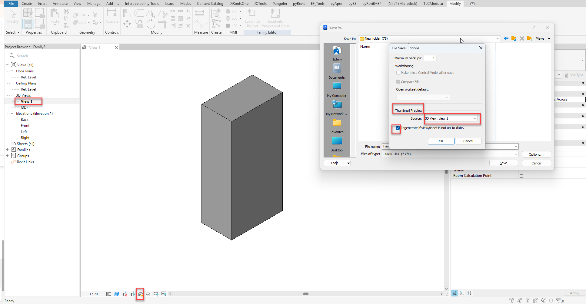 Mẹo khi Save As: <b>Options → Thumbnail Preview</b> chọn nguồn 3D View và tick Regenerate — file .rfa sẽ có ảnh xem trước đẹp trong thư viện.