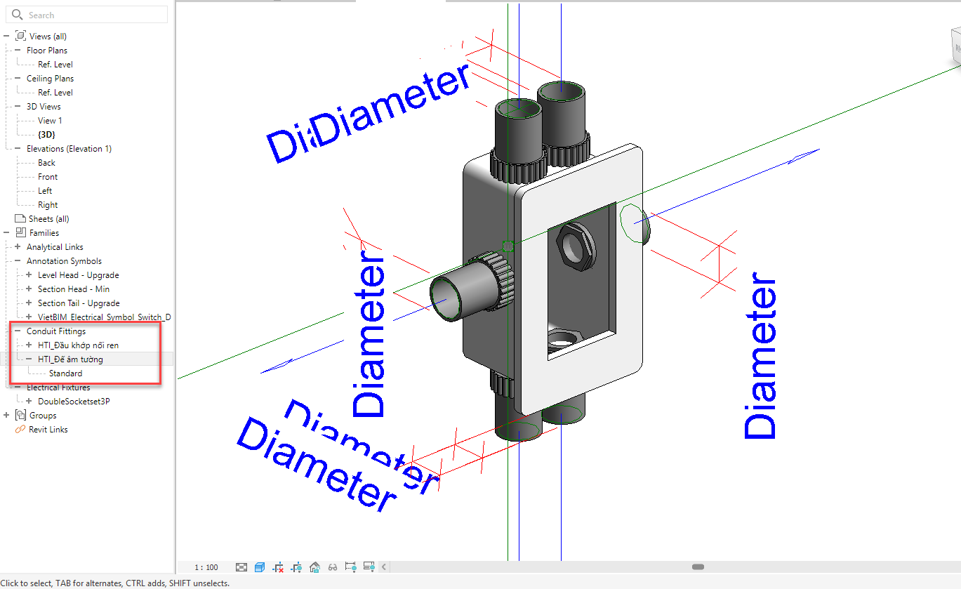 Ví dụ thực tế: family đế âm tường (Conduit Fittings) với tham số <b>Diameter</b> gán vào các dimension — đổi giá trị là toàn bộ ống chờ co giãn theo.