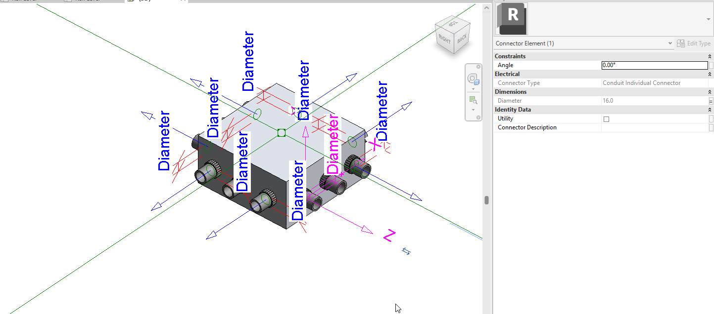 Connector đã đặt trên các mặt của khối, mũi tên hướng ra ngoài; Properties hiển thị Angle, Connector Type (Conduit Individual Connector) và Diameter = 16 đang link tham số.