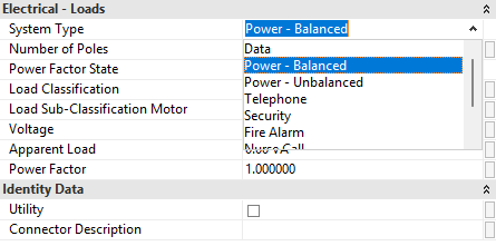 Electrical connector: chọn <b>System Type</b> (Power Balanced, Data, Telephone, Fire Alarm…) và khai báo Voltage, Number of Poles, Apparent Load.