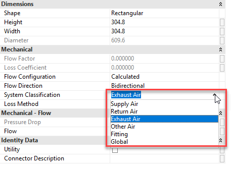 <b>System Classification</b> của duct connector: Supply Air / Return Air / Exhaust Air / Other Air / Fitting / Global.